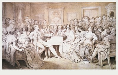 Ein Abend bei Baron von Spaun: Schubert am Klavier unter seinen Freunden, darunter der Opernbariton Johann Vogl von Moritz Ludwig von Schwind